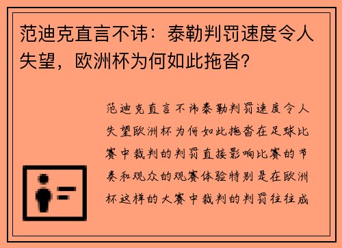 范迪克直言不讳：泰勒判罚速度令人失望，欧洲杯为何如此拖沓？