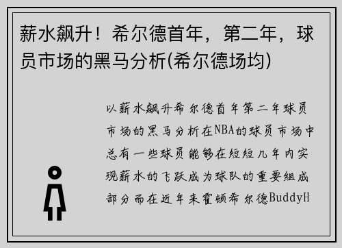 薪水飙升！希尔德首年，第二年，球员市场的黑马分析(希尔德场均)