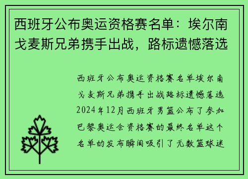 西班牙公布奥运资格赛名单：埃尔南戈麦斯兄弟携手出战，路标遗憾落选
