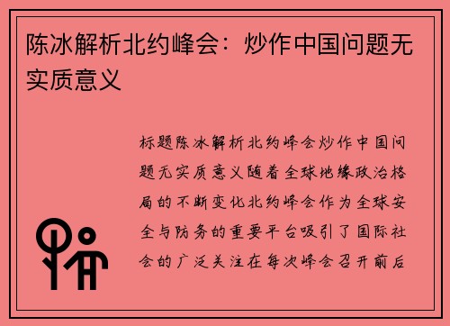 陈冰解析北约峰会：炒作中国问题无实质意义