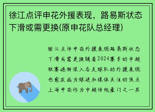 徐江点评申花外援表现，路易斯状态下滑或需更换(原申花队总经理)