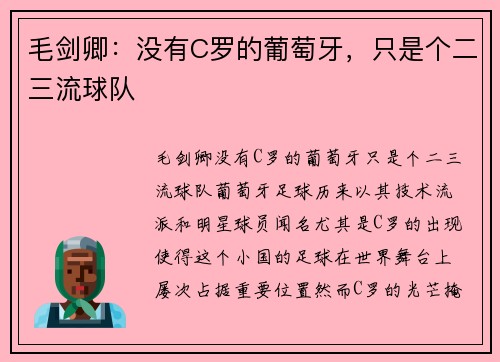 毛剑卿：没有C罗的葡萄牙，只是个二三流球队