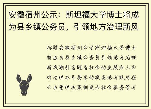 安徽宿州公示：斯坦福大学博士将成为县乡镇公务员，引领地方治理新风潮