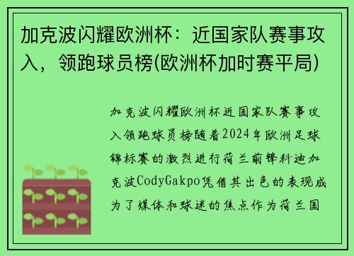 加克波闪耀欧洲杯：近国家队赛事攻入，领跑球员榜(欧洲杯加时赛平局)